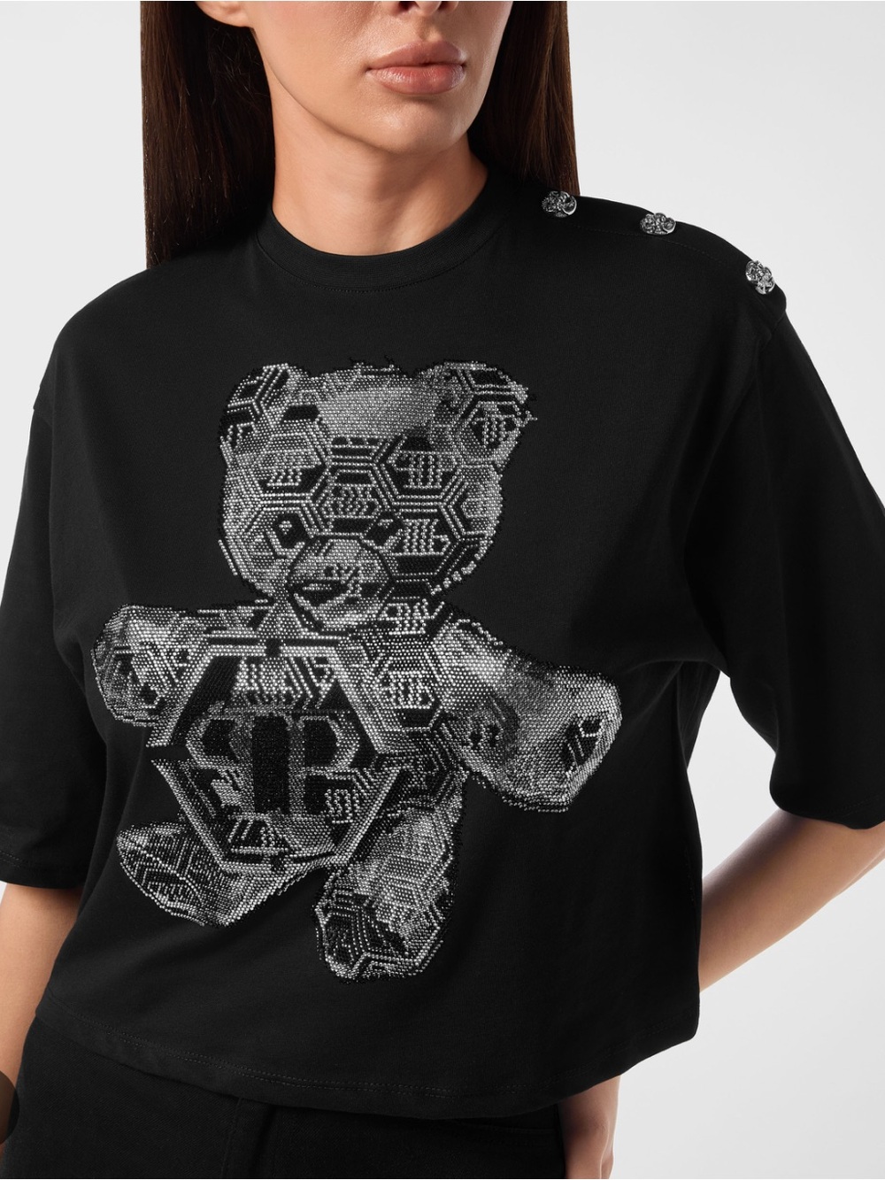 Philipp Plein Black T-Shirt with Silver Crystal Teddy Motif